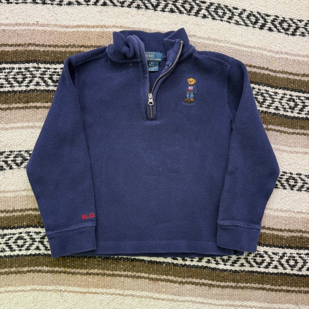 Youth Boys Polo Bear Ralph Lauren RL13 Navy Blue 1/4 Zip Pullover Sweater Sz 5